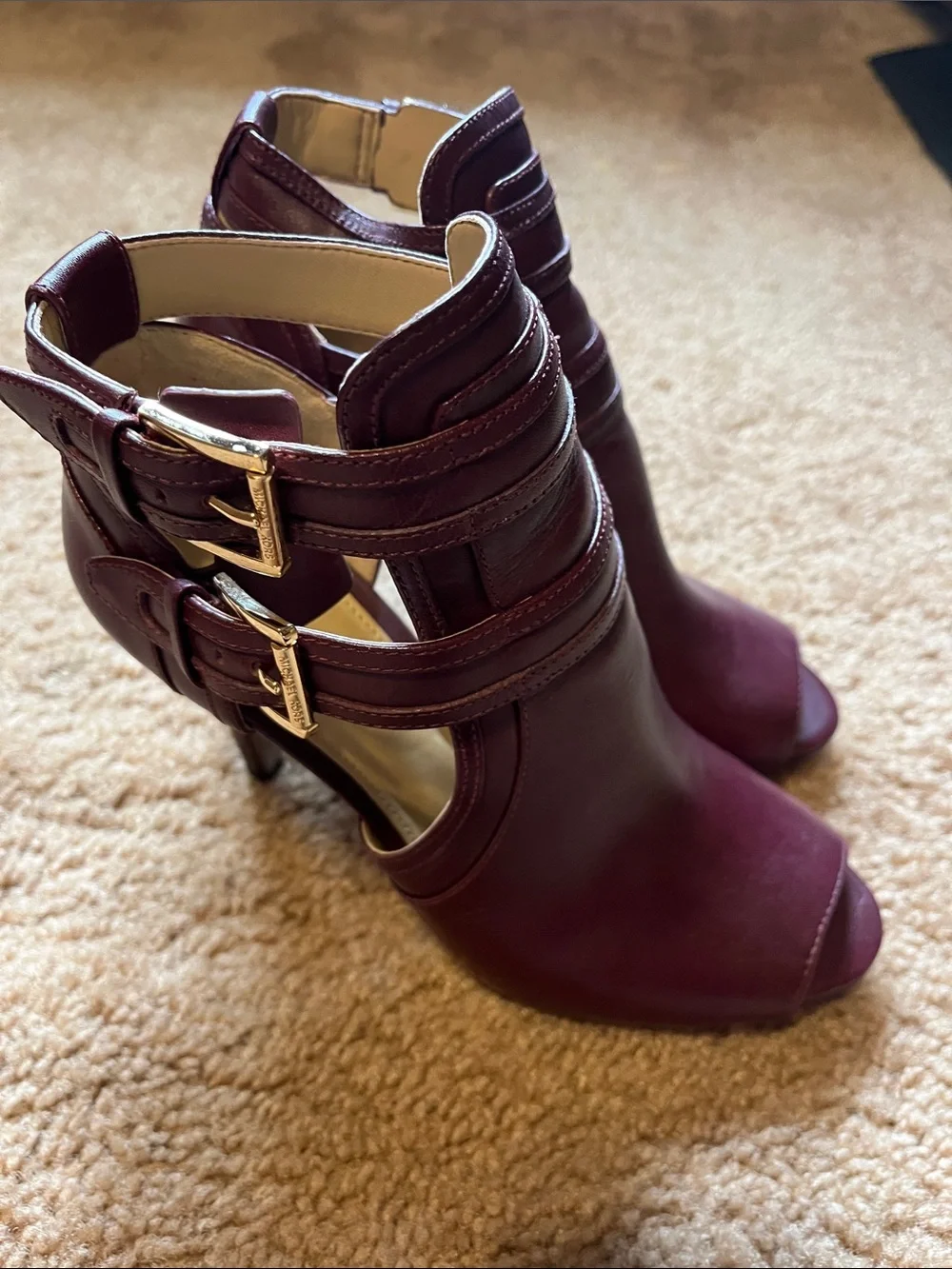 Michael Kors Dark Red Peep Toe Heels with buckles